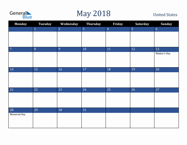May 2018 United States Calendar (Monday Start)