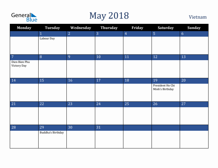 May 2018 Vietnam Calendar (Monday Start)