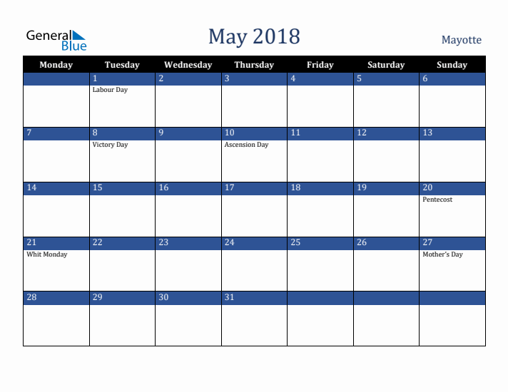 May 2018 Mayotte Calendar (Monday Start)