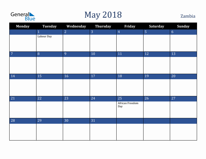 May 2018 Zambia Calendar (Monday Start)