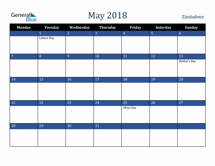 May 2018 Zimbabwe Calendar (Monday Start)