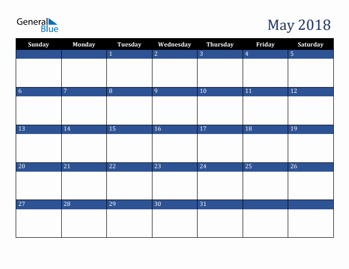 Sunday Start Calendar for May 2018