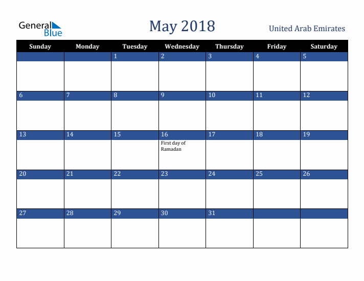 May 2018 United Arab Emirates Calendar (Sunday Start)