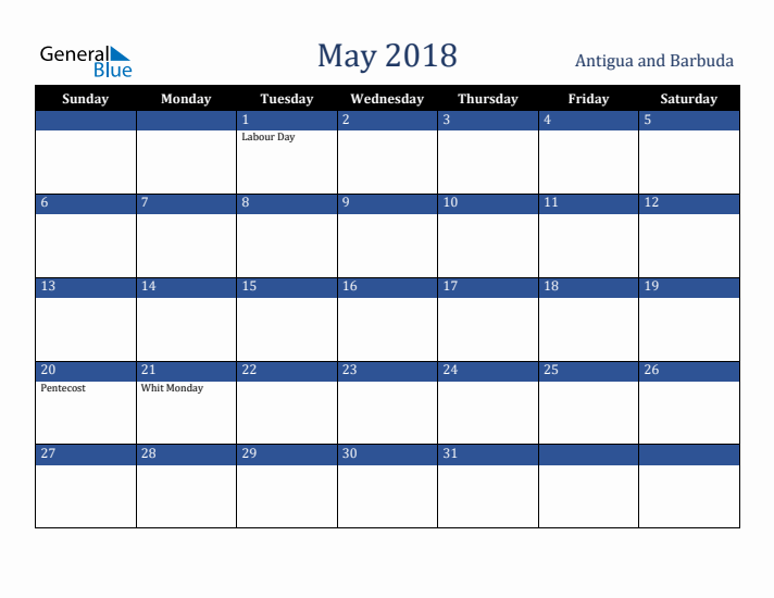 May 2018 Antigua and Barbuda Calendar (Sunday Start)