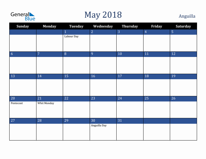 May 2018 Anguilla Calendar (Sunday Start)