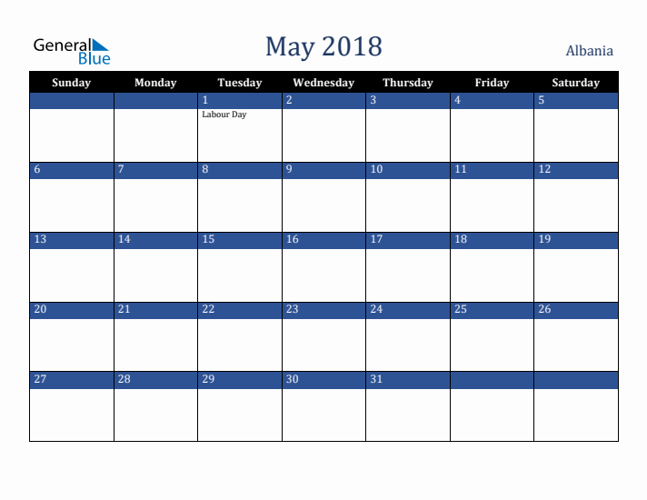 May 2018 Albania Calendar (Sunday Start)