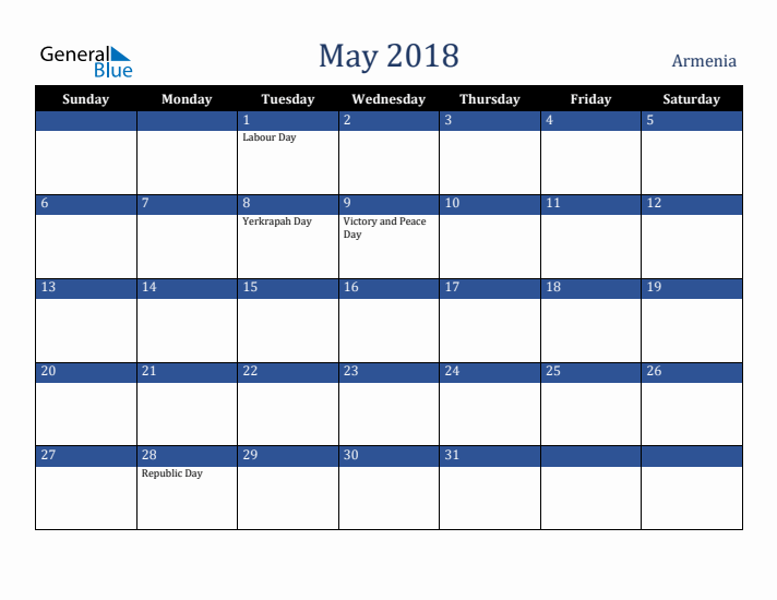 May 2018 Armenia Calendar (Sunday Start)