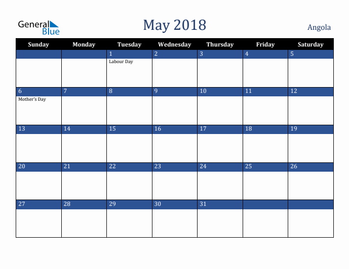 May 2018 Angola Calendar (Sunday Start)