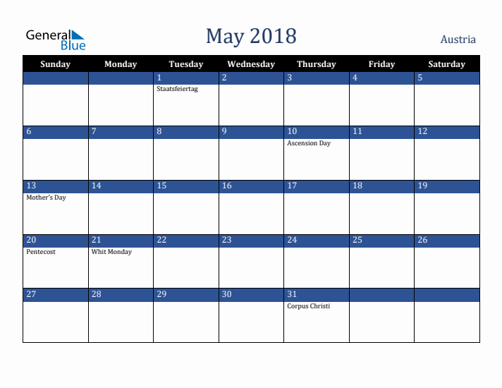 May 2018 Austria Calendar (Sunday Start)