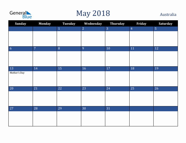 May 2018 Australia Calendar (Sunday Start)