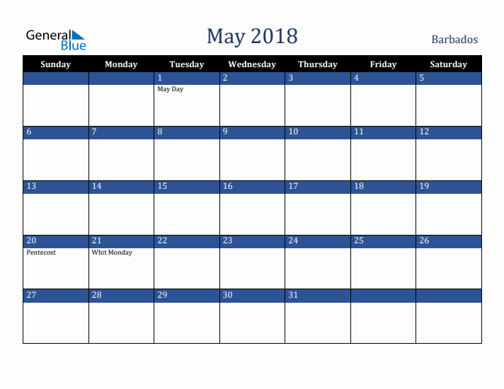 May 2018 Barbados Calendar (Sunday Start)