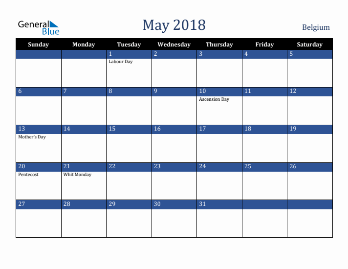 May 2018 Belgium Calendar (Sunday Start)