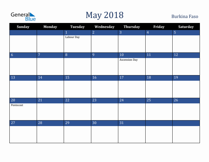 May 2018 Burkina Faso Calendar (Sunday Start)