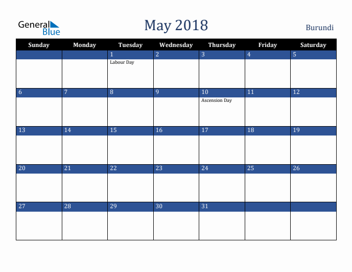 May 2018 Burundi Calendar (Sunday Start)