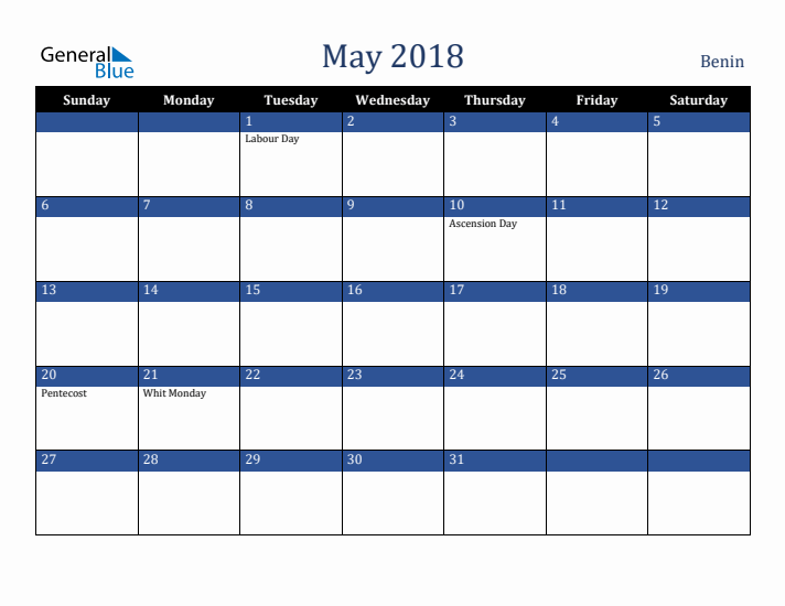 May 2018 Benin Calendar (Sunday Start)