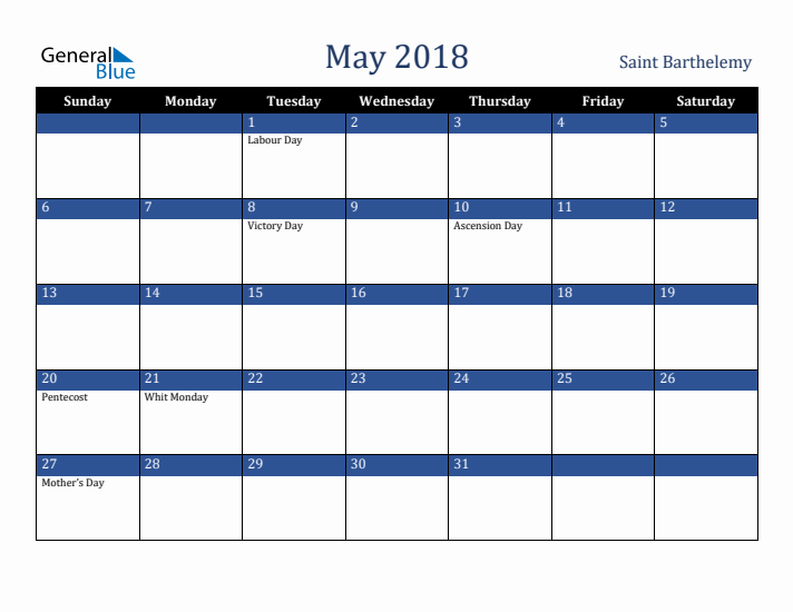 May 2018 Saint Barthelemy Calendar (Sunday Start)