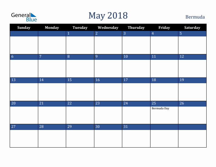May 2018 Bermuda Calendar (Sunday Start)