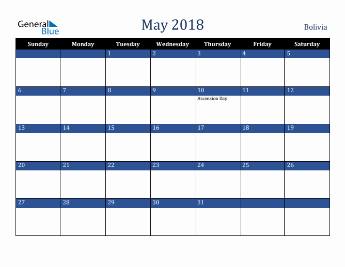 May 2018 Bolivia Calendar (Sunday Start)