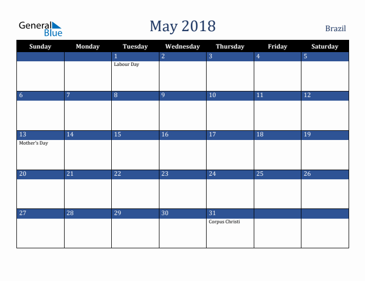 May 2018 Brazil Calendar (Sunday Start)