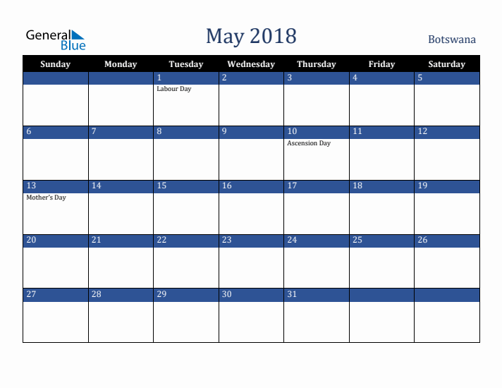 May 2018 Botswana Calendar (Sunday Start)