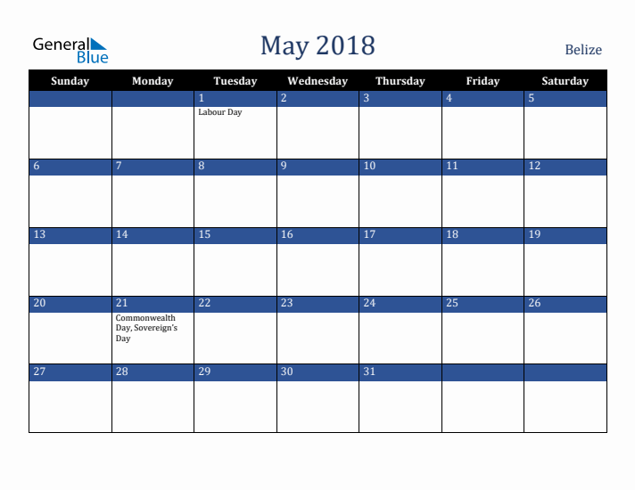 May 2018 Belize Calendar (Sunday Start)