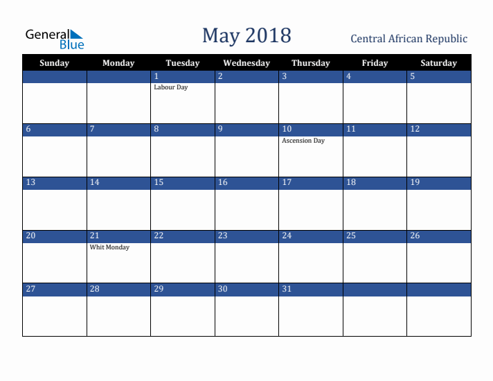 May 2018 Central African Republic Calendar (Sunday Start)
