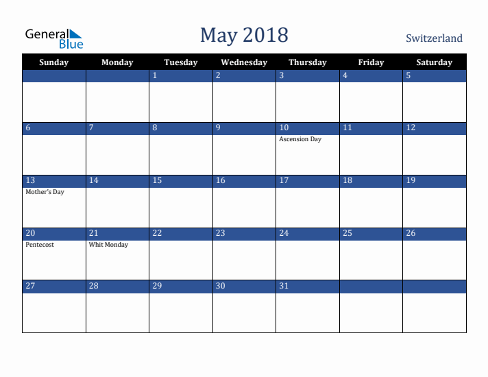 May 2018 Switzerland Calendar (Sunday Start)