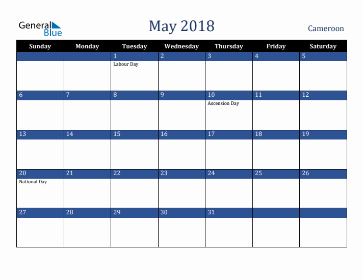 May 2018 Cameroon Calendar (Sunday Start)