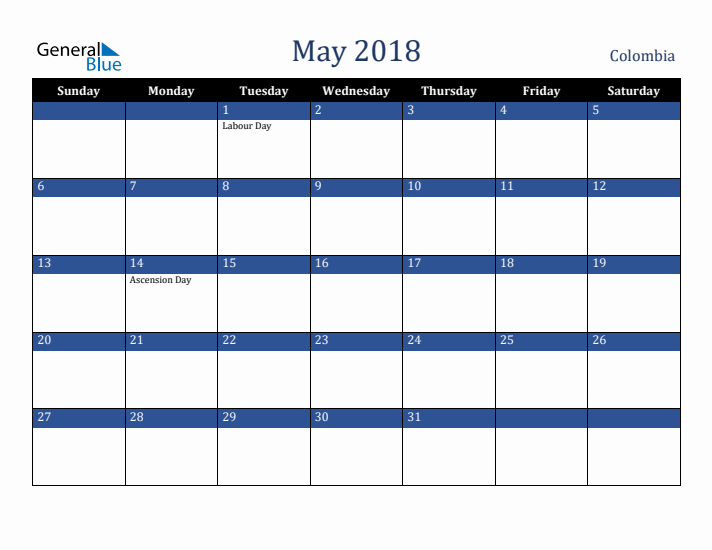 May 2018 Colombia Calendar (Sunday Start)