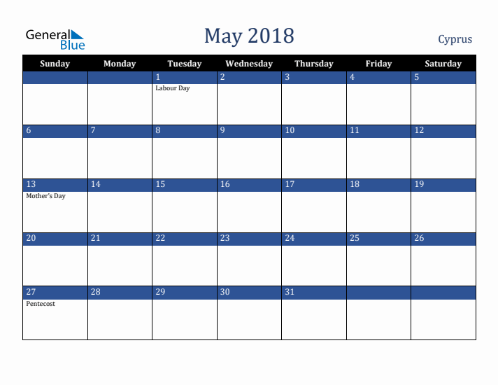 May 2018 Cyprus Calendar (Sunday Start)