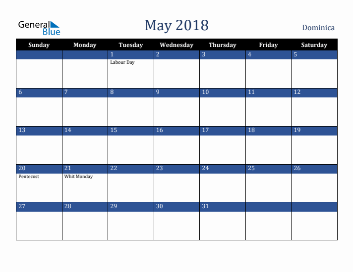 May 2018 Dominica Calendar (Sunday Start)