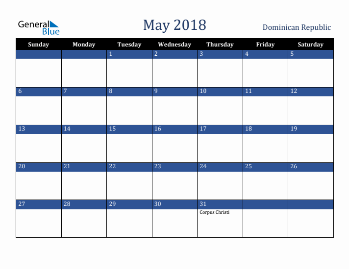 May 2018 Dominican Republic Calendar (Sunday Start)