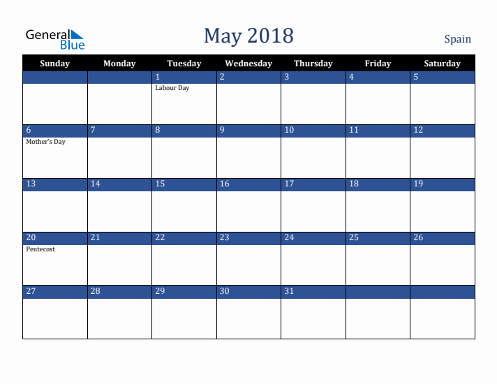 May 2018 Spain Calendar (Sunday Start)