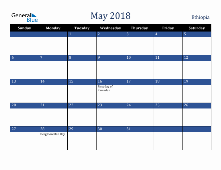 May 2018 Ethiopia Calendar (Sunday Start)