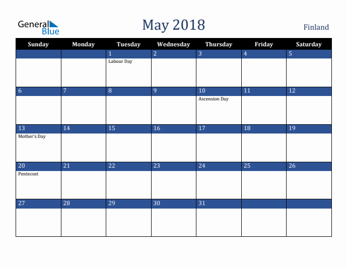 May 2018 Finland Calendar (Sunday Start)