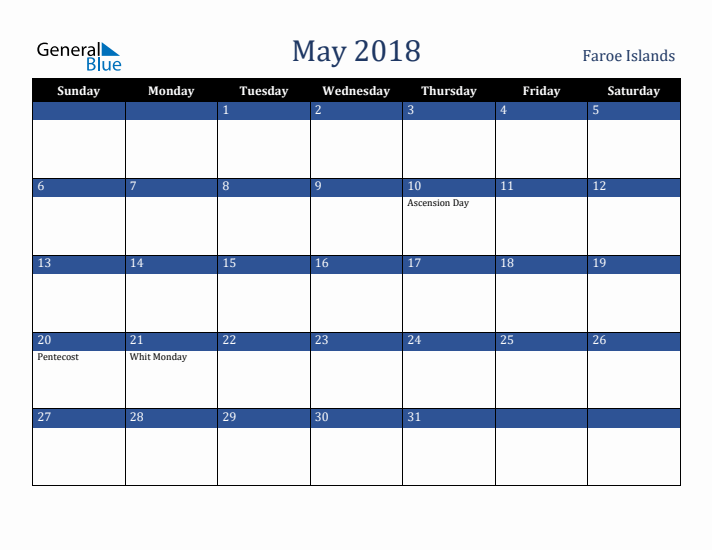 May 2018 Faroe Islands Calendar (Sunday Start)