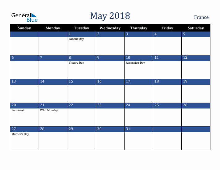 May 2018 France Calendar (Sunday Start)