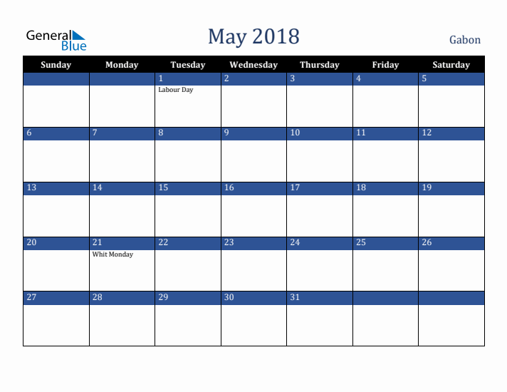 May 2018 Gabon Calendar (Sunday Start)