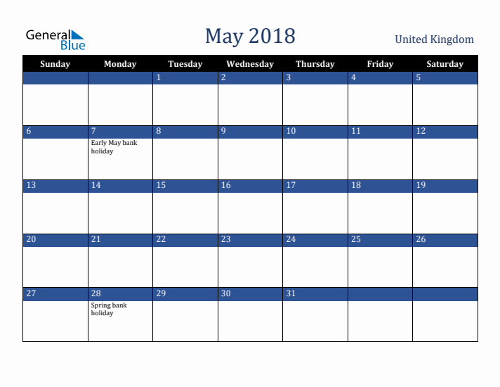 May 2018 United Kingdom Calendar (Sunday Start)