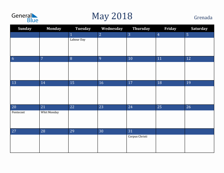 May 2018 Grenada Calendar (Sunday Start)