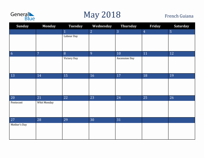 May 2018 French Guiana Calendar (Sunday Start)