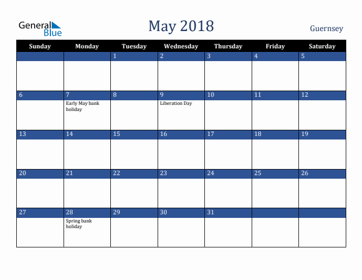 May 2018 Guernsey Calendar (Sunday Start)