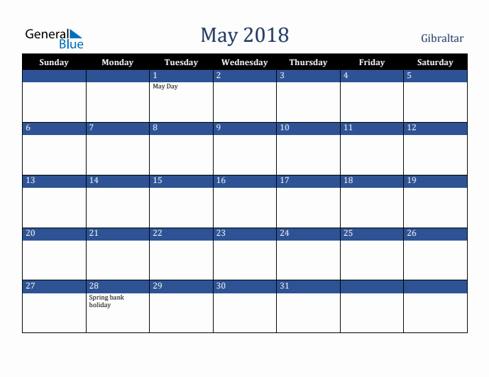 May 2018 Gibraltar Calendar (Sunday Start)