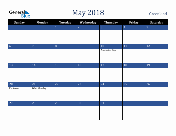 May 2018 Greenland Calendar (Sunday Start)