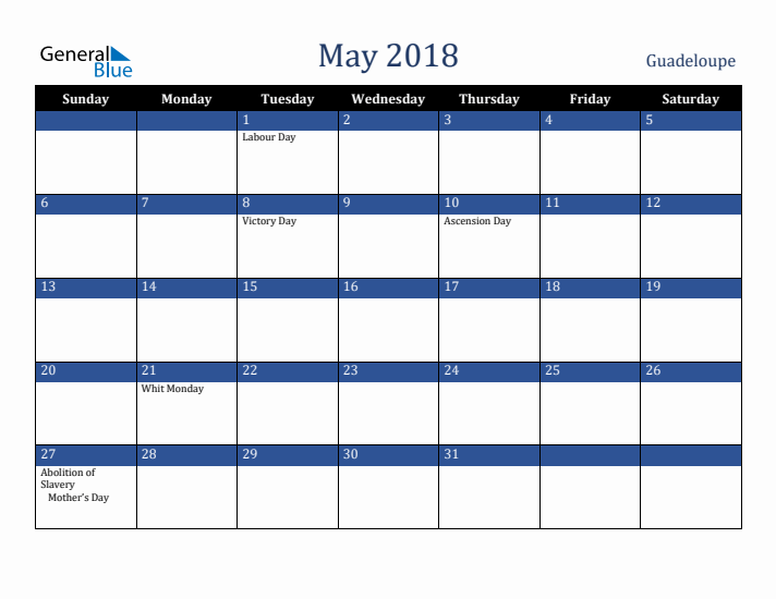 May 2018 Guadeloupe Calendar (Sunday Start)