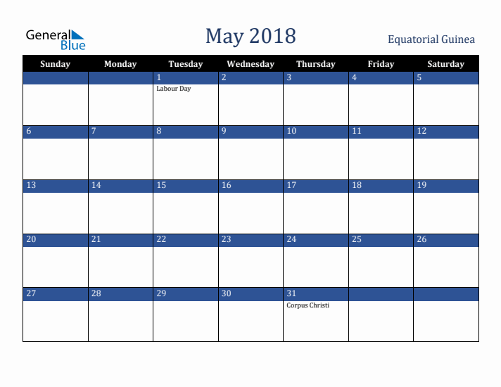 May 2018 Equatorial Guinea Calendar (Sunday Start)