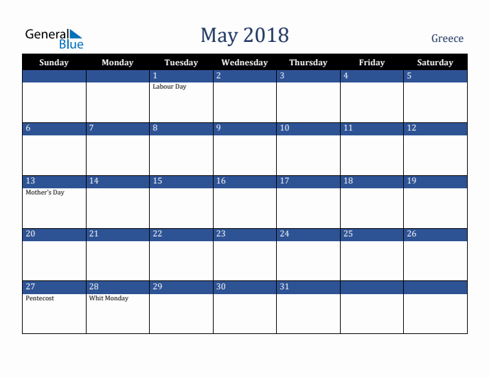 May 2018 Greece Calendar (Sunday Start)