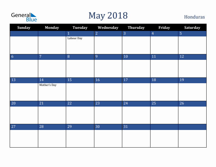 May 2018 Honduras Calendar (Sunday Start)