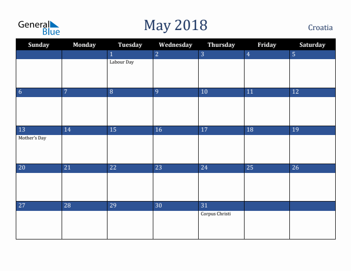 May 2018 Croatia Calendar (Sunday Start)