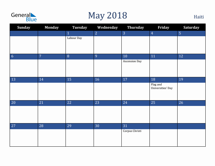 May 2018 Haiti Calendar (Sunday Start)